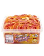 Sweetzone Peach Rings in a bulk plastic tub