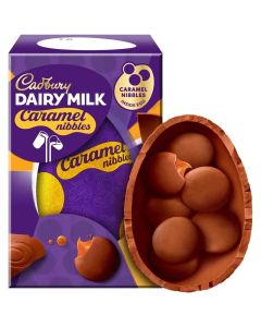 A hollow Cadbury Dairy Milk chocolate Easter egg filled with Cadbury Dairy Milk Caramel Nibbles. 