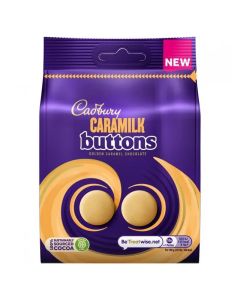 Smooth Cadbury caramilk chocolate shaped like giant buttons in a share size sweets bag.