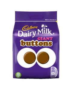 Smooth Cadbury milk chocolate shaped like giant buttons in a share size sweets bag.