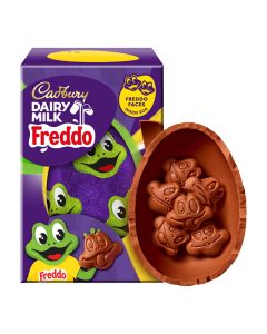 A hollow Cadbury Dairy Milk chocolate Easter egg filled with Cadbury Dairy Milk Chocolate Freddo faces. A great Easter chocolate treat.