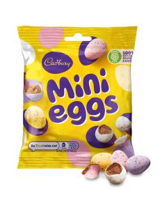 An Easter treat - Cadbury Mini Eggs. A pocket size pack of solid milk mini chocolate eggs in a crisp sugar shell.