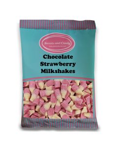 Strawberry and cream flavour candy pieces shaped like milk bottles in a 1kg bag