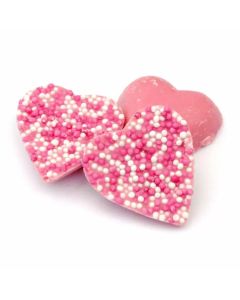 Hannahs Pink Hearts - Strawberry flavour chocolate candy shaped like hearts with a sprinkle topping