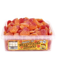 Sweetzone fizzy peach hearts in a bulk plastic tub