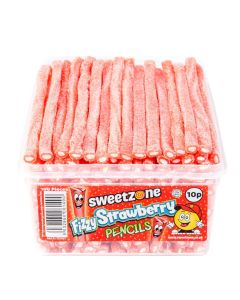 Sweetzone fizzy strawberry pencils sweets in a bulk plastic tub