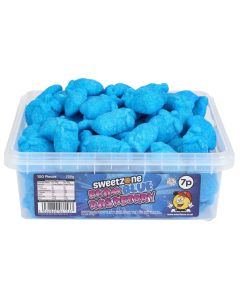 Sweetzone foam blue raspberry sweets in a bulk plastic tub