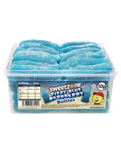 Sweetzone Giant Fizzy blue raspberry bottles in a bulk plastic tub