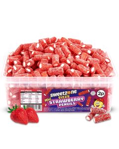 Sweetzone mini fizzy strawberry pencils in a bulk plastic tub