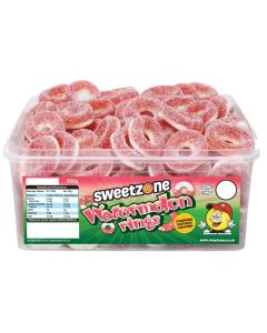 Sweetzone watermelon rings in a bulk plastic tub